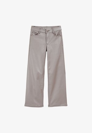 Graue weite Jeanshose aus Denim mit glatter Textur, Fünf-Taschen-Design und Knopfverschluss. Mit einem Markenlabel am Bund.