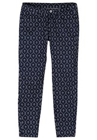 Námořnické modré kalhoty s diamantovým vzorem a bílými šipkami. Zapínání na knoflík, pět kapes a slim fit design. Textura z bavlny.