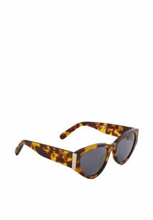 Ochelari de soare cu rame texturate, de tip cat-eye, cu lentile gri și detalii din metal auriu pe tâmple. Finisaj lucios, design solid.