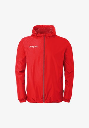 Rote Kapuzenjacke mit durchgehendem Reißverschluss, elastischen Bündchen und zwei seitlichen Reißverschlusstaschen, mit dem "uhlsport" Logo auf der linken Brust.