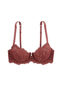 Soutien-gorge en dentelle de couleur rouge profond, avec soutien-gorge à armature, bords festonnés et bretelles réglables, présentant une texture douce et un motif floral.