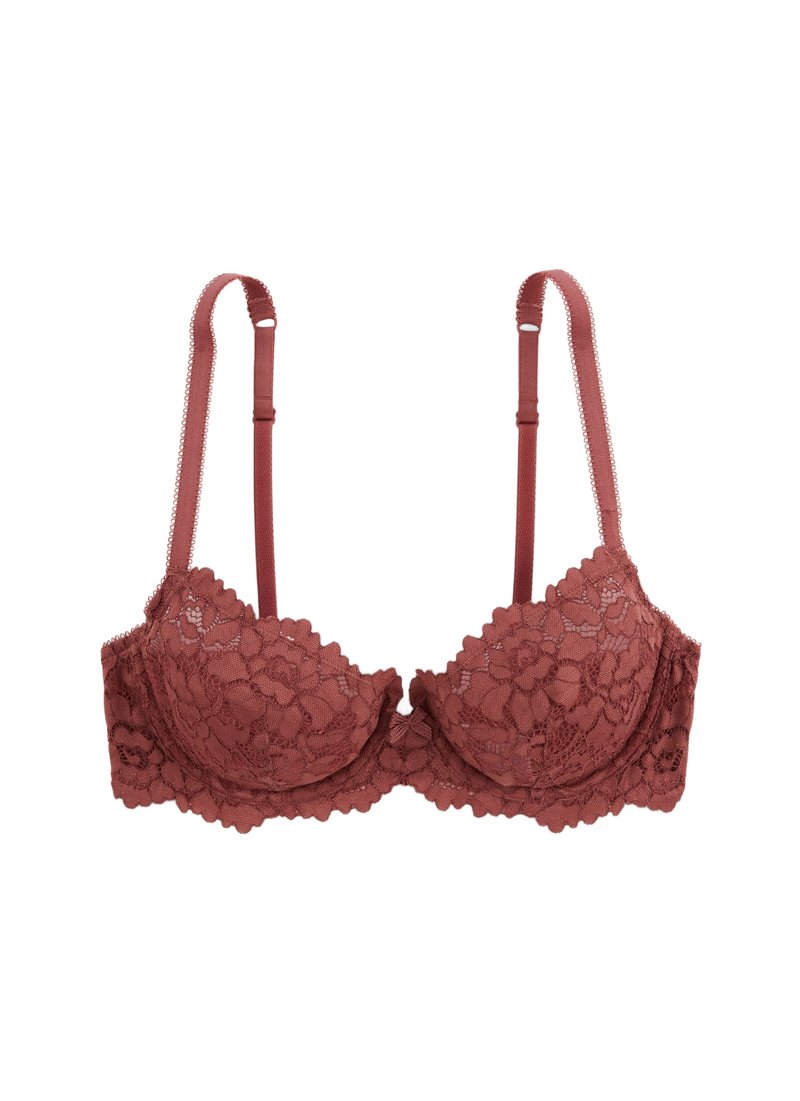 Soutien-gorge en dentelle de couleur rouge profond, avec soutien-gorge à armature, bords festonnés et bretelles réglables, présentant une texture douce et un motif floral.