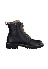 Bottines noires en cuir avec une finition texturée, lacets marron, col en fourrure, fermeture éclair sur le côté et semelle en caoutchouc noir robuste.