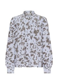 Blusa azzurro chiaro con motivo astratto di macchie marroni, colletto alto, chiusura con bottoni e dettagli plissettati sulle maniche e sul davanti.