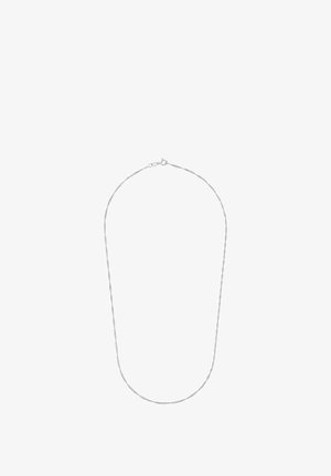 Srebrny naszyjnik łańcuszkowy o skręconym wzorze, z zapięciem typu lobster. Gładka tekstura i elegancki wygląd. Całkowita długość wynosi około 40 cm.
