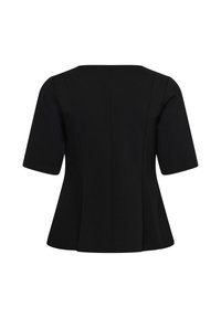 Blazer noir cintré à manches courtes avec des détails de coutures et un ourlet légèrement évasé, présenté de dos sur fond blanc.