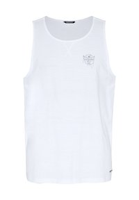 Weißes Baumwoll-Tanktop mit rundem Halsausschnitt, das ein dezentes graues Grafikdesign auf der linken Brust sowie einen geraden Saum am unteren Ende aufweist.