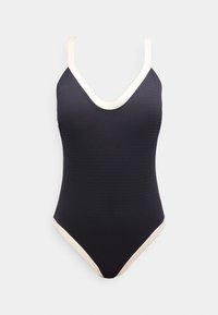 Μαύρο ολόσωμο μαγιό με λευκή διακόσμηση κατά μήκος του ντεκολτέ, των τιράντων και των ανοιγμάτων στα πόδια, απεικονισμένο σε ανοιχτό φόντο.