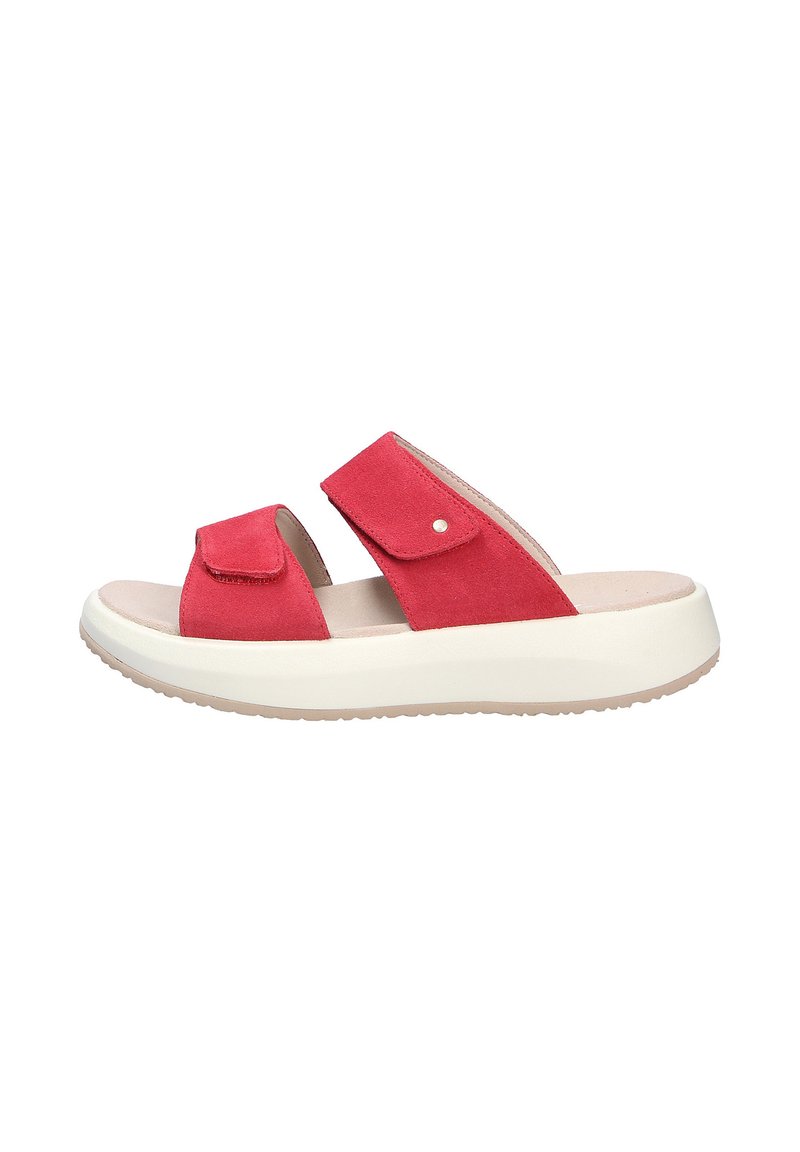Sandali slide in suede rosso con due cinturini regolabili, intersuola bianca e suola esterna beige texturizzata. Design piatto per comfort e stabilità.
