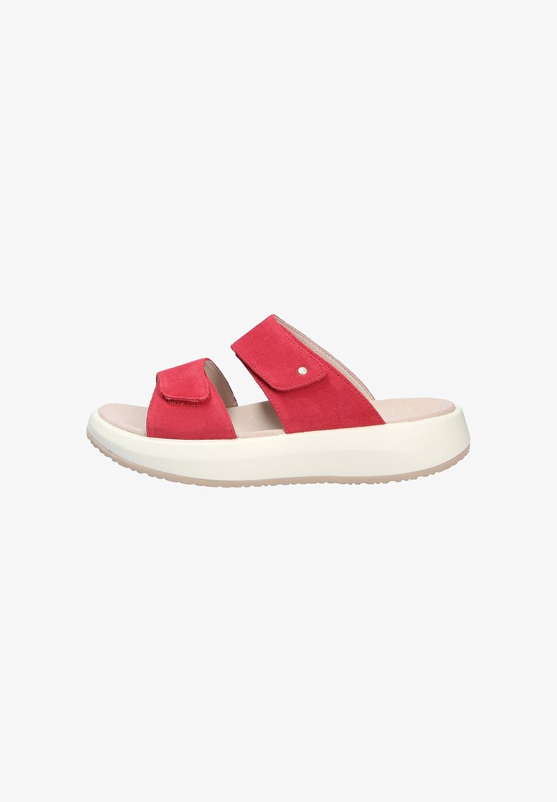 Red suede slide sandals with two adjustable straps, white midsole, and textured beige outsole. Flat design for comfort and stability.