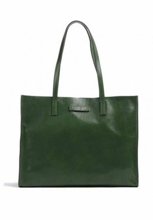 Bolso tote de cuero verde oscuro con dos asas largas y forma rectangular, diseñado para llevar en la mano o al hombro.