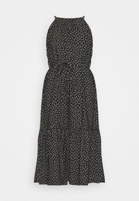 Svart ärmlös klänning med vita prickar, smockad midja, knytbart midjeband och flerlagerskjol, tillverkad i lätt tyg.