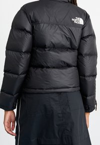 Person klädd i en svart North Face puffjacka och en svart kjol, visad bakifrån mot en neutral bakgrund.
