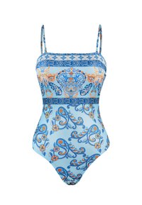 Bañador de una pieza en azul claro con patrones florales y de paisley en naranja y azul oscuro, con tirantes finos y material texturizado.