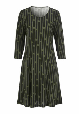 Grünes gemustertes Kleid mit U-Ausschnitt, langen Ärmeln und einer lockeren A-Linien-Silhouette, die vertikale schwarze Linien auf dem Stoff aufweist.
