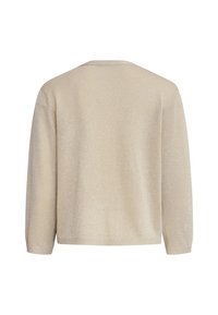 Beige knitted sweater featuring a crew neckline and long sleeves. Subtle shimmer throughout the fabric adds texture and visual interest.