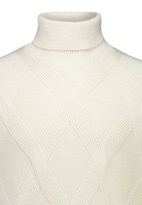Weißer Strickrollkragensweater mit einem strukturierten Rautenmuster und ribbeligen Akzenten. Weicher Stoff mit einer gemütlichen Passform.