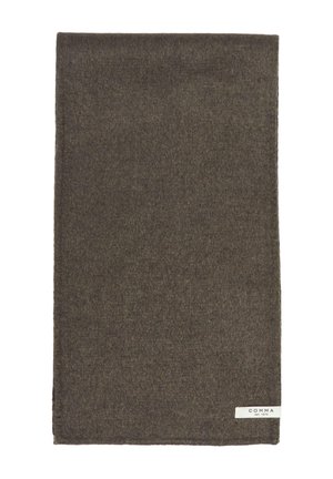 Dark gray rectangular wool scarf with a small white label on one corner displaying the brand name Comma.