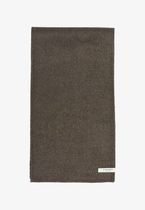 Dark gray rectangular wool scarf with a small white label on one corner displaying the brand name Comma.