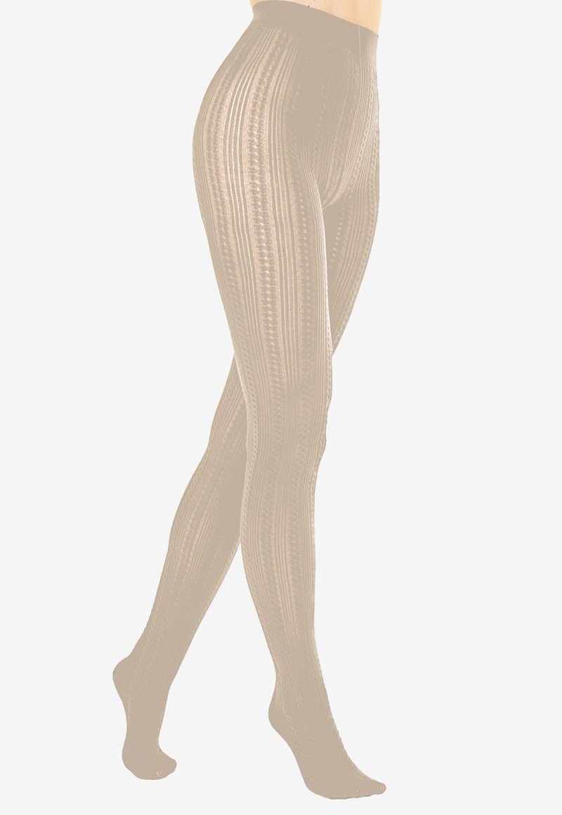 Czarne legginsy w wzory z pionowymi paskami i gładką teksturą, z szerokim pasem w talii dla komfortowego dopasowania.