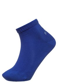 Blaue Knöchelsocke mit geripptem Bündchen. Hergestellt aus einem weichen, dehnbaren Material. Verfügt über eine glatte Oberfläche und ein nahtloses Design für zusätzlichen Komfort.