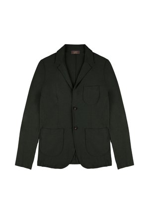 Blazer vert foncé ajusté avec revers crantés, deux boutons et trois poches plaquées, posé à plat sur un fond blanc.