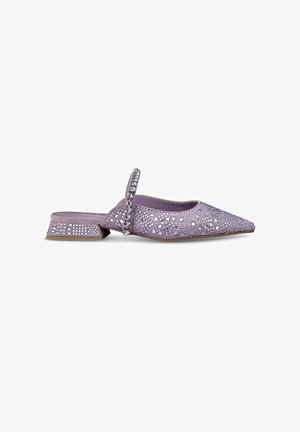 Purple slip-on shoes with a low block heel, featuring decorative rhinestones and a pointed toe design. Smooth texture with embellishments.