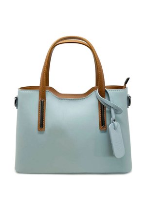 Jasnoniebieska skórzana torebka z jasnobrązowymi skórzanymi uchwytami, prostokątna forma, detal szycia wewnętrznego, zdejmowana metka i elegancki design.