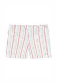 Pantalones cortos de algodón ligeros con rayas verticales en colores pastel: rosa, menta, crema y beige. Cintura elástica, diseño hasta la rodilla.