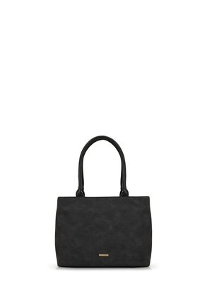 Zwarte totebag met een gestructureerde oppervlakte, rechthoekige vorm, dubbele handvaten en een subtiele logo-detail in goud aan de voorkant.