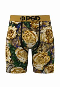 Boxer brief con banda in vita nera con il logo "PSD", decorati con un motivo di rose dorate e banconote su uno sfondo verde.