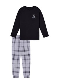 Black long-sleeve top with a white graphic, paired with gray pajama pants featuring a black checkered pattern. Soft cotton material.