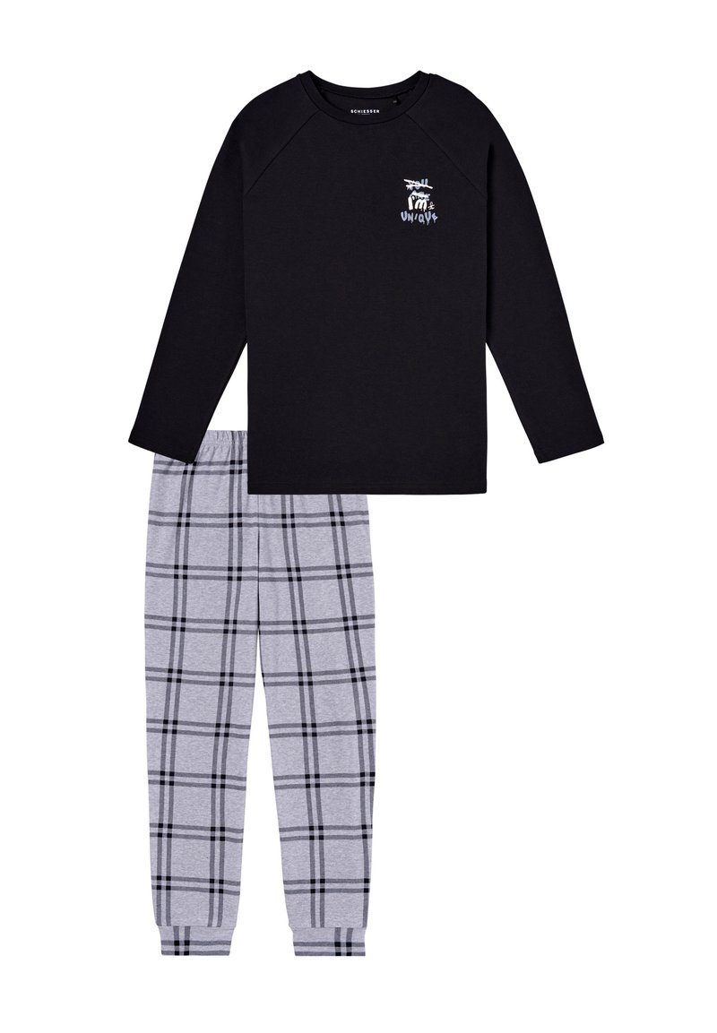 Black long-sleeve top with a white graphic, paired with gray pajama pants featuring a black checkered pattern. Soft cotton material.