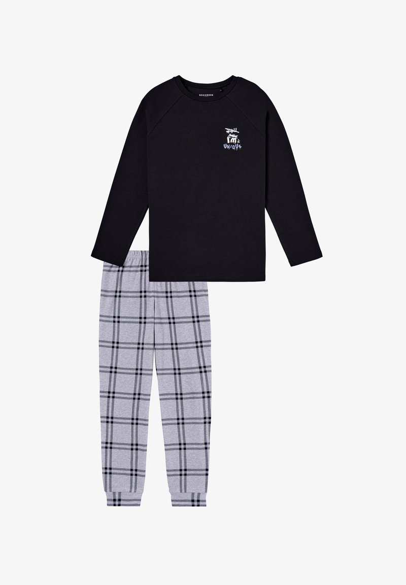 Black long-sleeve top with a white graphic, paired with gray pajama pants featuring a black checkered pattern. Soft cotton material.