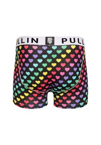 Boxers noirs avec un motif de cœurs multicolores. Dotés d'une ceinture élastique blanche avec le logo "PULL IN". Tissu lisse et extensible.
