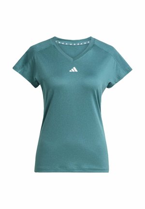 Teal sportt-shirt, korte mouwen, v-hals, met een wit Adidas-logo op de borst, gemaakt van gladde, lichte stof.