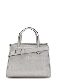 Borsa tote in tessuto intrecciato argento con base piatta, due manici e una tracolla rimovibile. Presenta un logo in rilievo sul davanti.