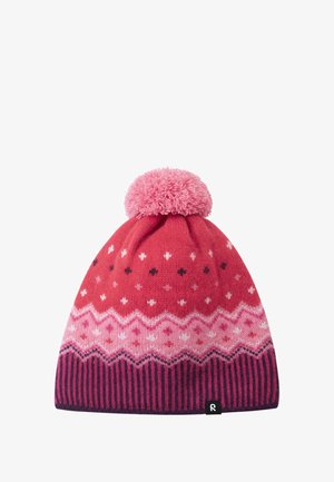 Roze gebreide beanie met een pompon bovenop. Bevat een patroon van kleine diamanten en strepen in een verloop van roze en paarse tinten.