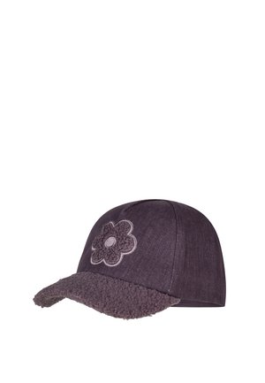 Dark purple baseball cap with a fuzzy textured brim and a stitched flower design on the front panel.