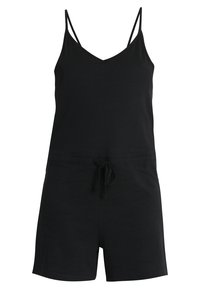 Zwarte mouwloze romper met een V-hals, verstelbare spaghettibandjes, trekkoord in de taille en ontspannen shorts. Gemaakt van zachte stof.