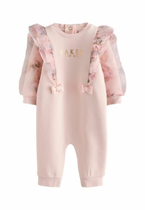 Pink baby romper with sheer floral puff sleeves, ruffle details, two small bows, and gold "Baker by Ted Baker" text on front.