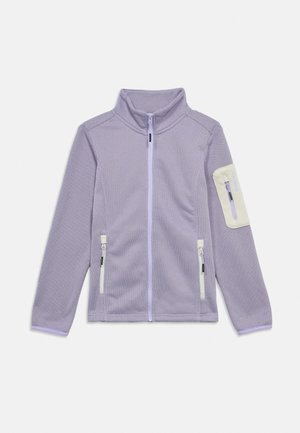 Ανοιχτό μωβ φλις ζακέτα με υφή, φερμουάρ, όρθιο γιακά, δύο μπροστινές τσέπες με φερμουάρ και μια μικρή τσέπη με φερμουάρ στο αριστερό μανίκι με εκρού θήκη.