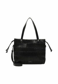 Zwarte handtas gemaakt van textuurmateriaal met verticale plooien. Voorzien van dubbele handvatten, een verstelbare schouderband en een ritsluiting.