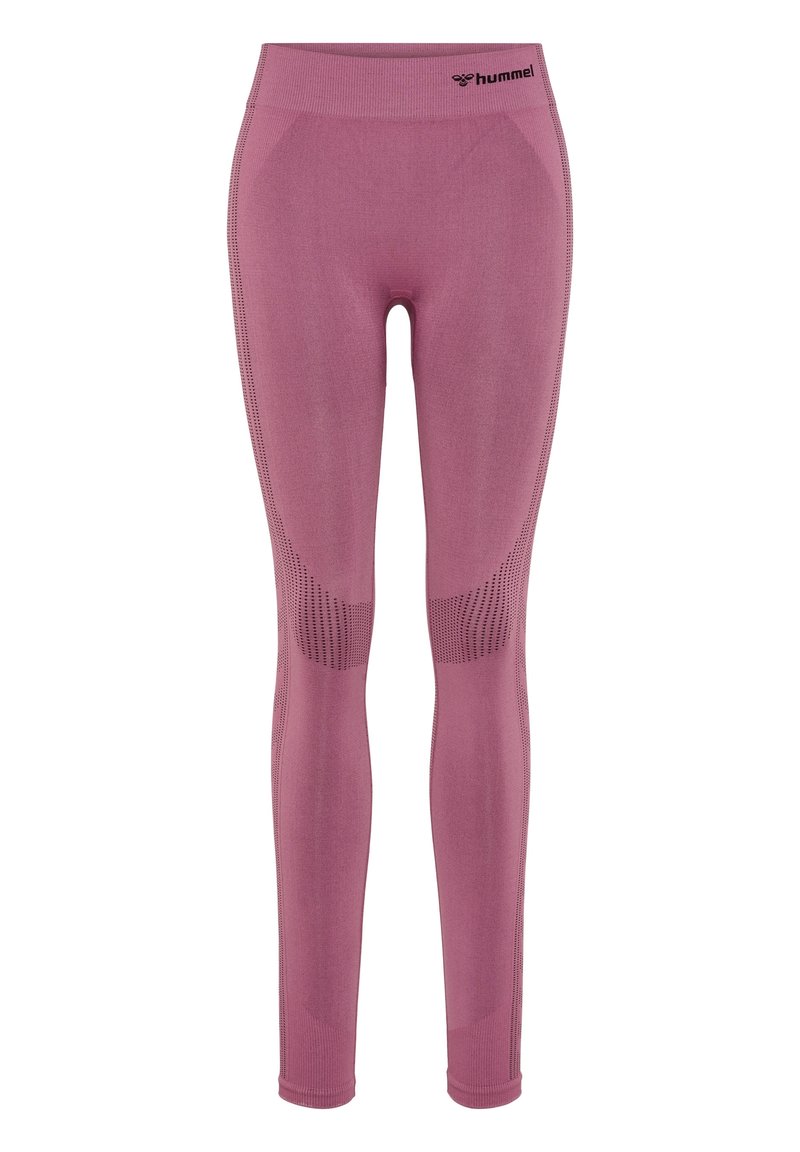 Leggings sportivi rosa in tessuto elasticizzato. Presentano pannelli testurizzati e una vita alta, contrassegnata con il logo Hummel.