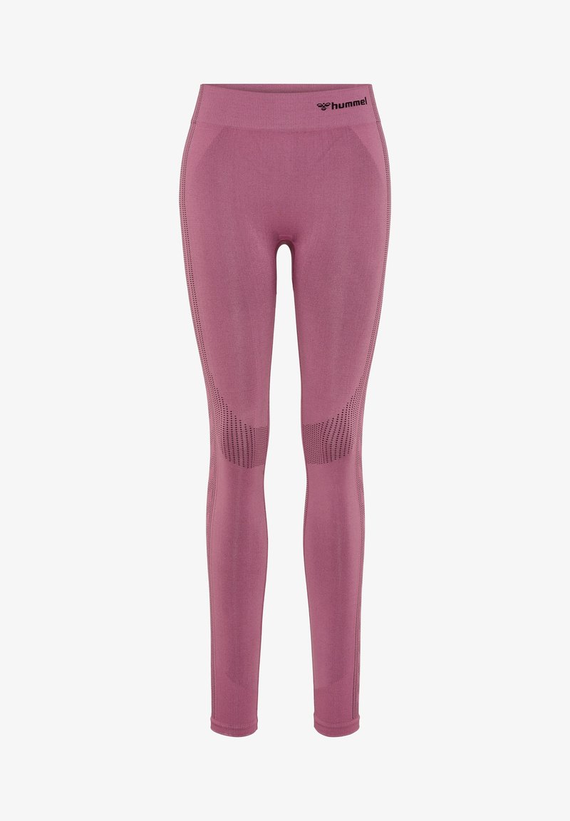 Růžové sportovní legíny z pružného materiálu. Mají strukturované panely a vysoký pas, označené logem Hummel.
