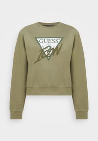 Sudadera verde oliva con un logo de triángulo blanco y letras negras. Puños y dobladillo acanalados, confeccionada en un suave tejido de mezcla de algodón.