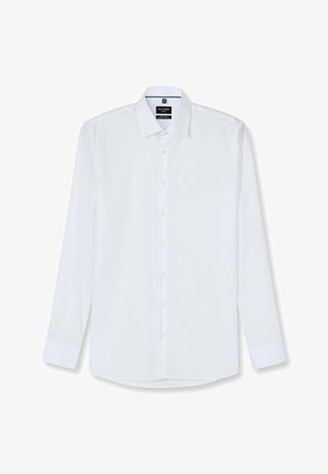 Weißes Langarmhemd aus glattem Stoff mit klassischem Kragen, Vorderknopfverschluss und Knopfmanschetten.