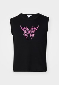 Black sleeveless top made of cotton, featuring a large pink embroidered butterfly design at the center, with a ribbed texture.