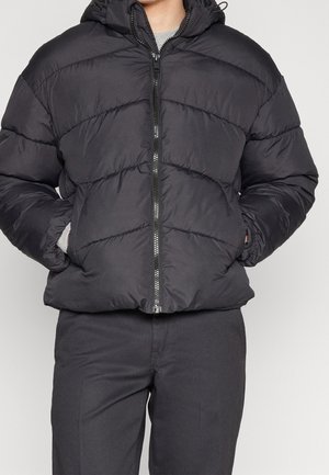 Person trägt eine schwarze Steppjacke mit Frontreißverschluss, Hände in den Taschen und dunkle Hose vor einfarbigem Hintergrund.