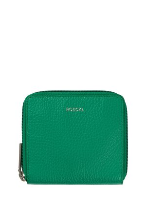 Green leather wallet with a textured finish, zip closure, and metal logo detail. Compact rectangular shape with rounded corners.